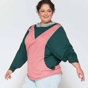 Plus Size Pink Dot Spring Long Sleeve Hoodie Top with Print Contrast